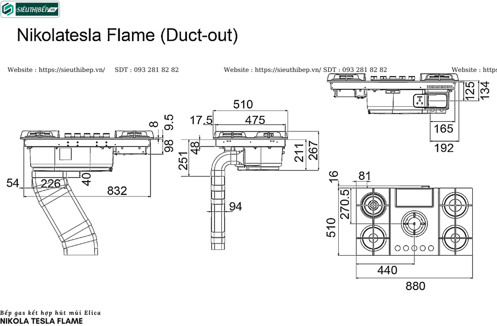 Bếp gas kết hợp hút mùi Elica Nikola Tesla Flame (Made in Italya)