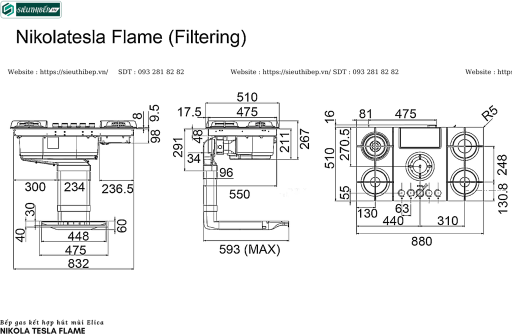 Bếp gas kết hợp hút mùi Elica Nikola Tesla Flame (Made in Italya)