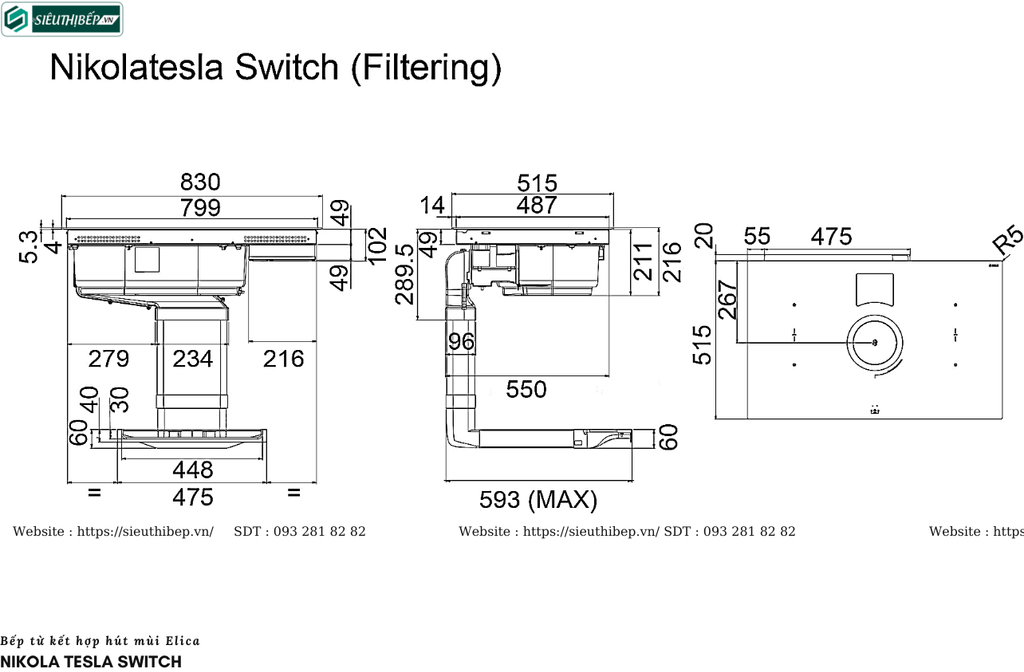 Bếp từ kết hợp hút mùi Elica Nikola Tesla SWITCH (Made in Italya)