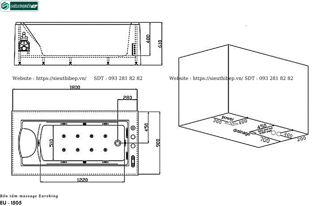 Bồn tắm massage Euroking EU - 1505 (Hệ thống massage, sủi khí và tạo thác)