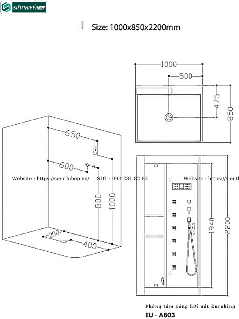 Phòng tắm xông hơi ướt Euroking EU - A803 (Công nghệ Châu Âu)