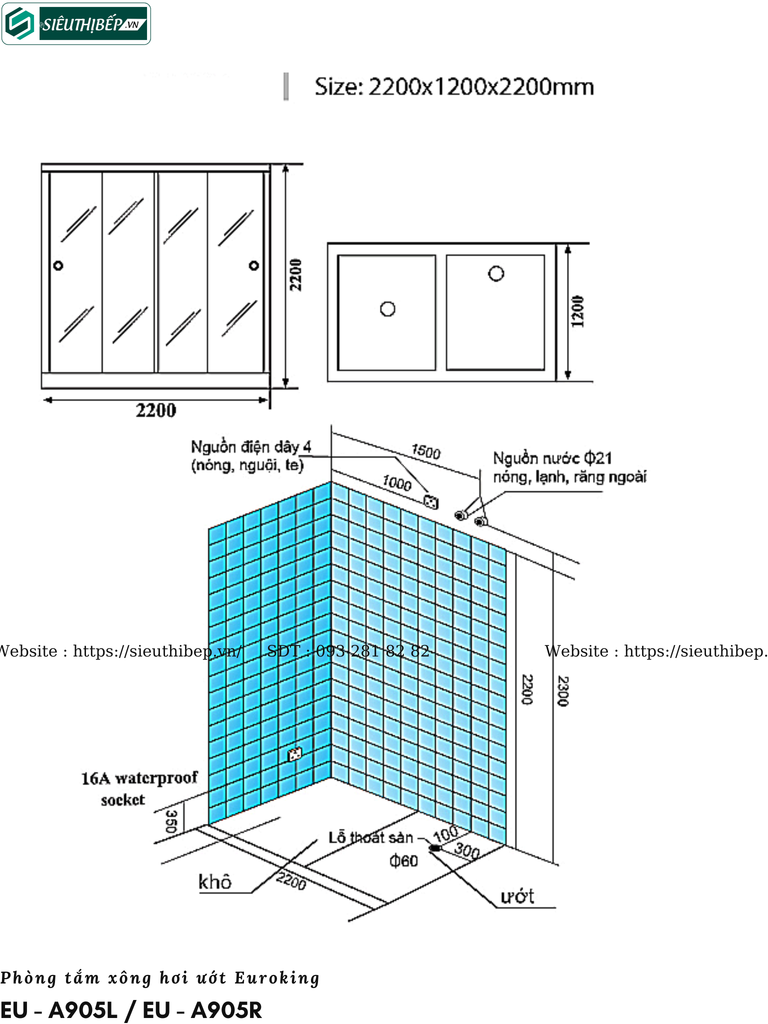 Phòng xông hơi khô kết hợp ướt Euroking EU - A905L / EU - A905R (Công nghệ Châu Âu)