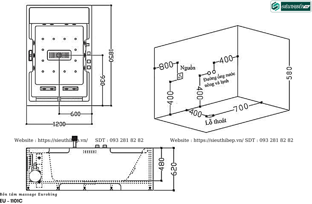 Bồn tắm massage Euroking EU – 1101C (Công nghệ Châu Âu)