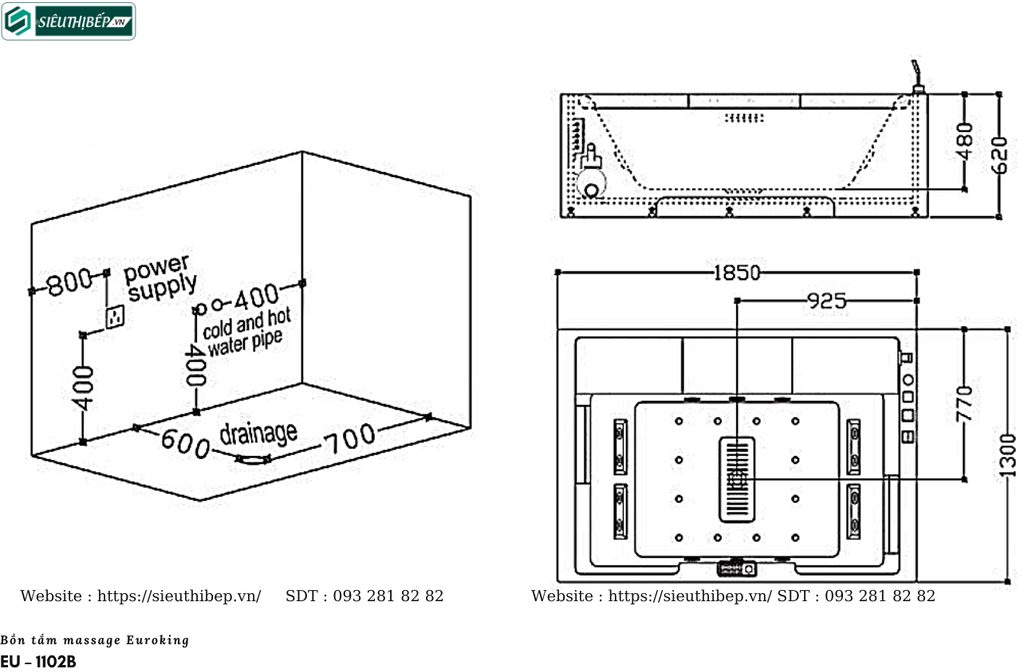 Bồn tắm massage Euroking EU – 1102B (Công nghệ Châu Âu)