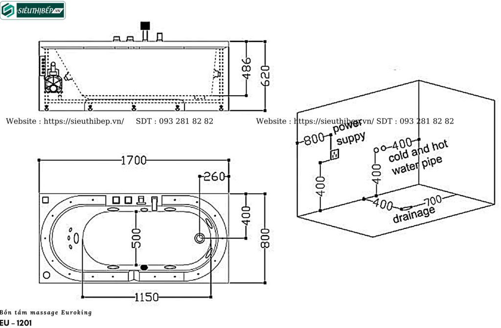 Bồn tắm massage Euroking EU – 1201 (Hệ thống mắt massage, sục khí lớn)