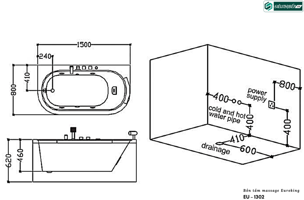 Bồn tắm massage Euroking EU – 1302 (Công nghệ Châu Âu)