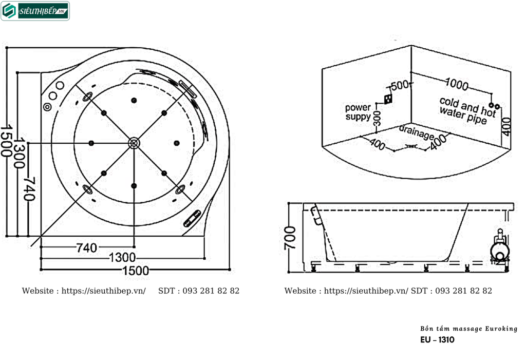 Bồn tắm massage Euroking EU – 1310 (Hệ thống thác nước)