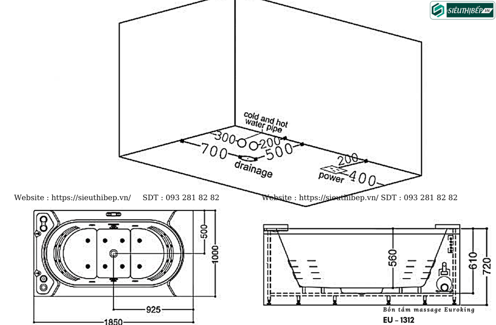 Bồn tắm massage Euroking EU – 1312 (Công nghệ Châu Âu)