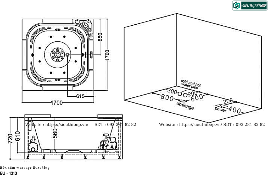 Bồn tắm massage Euroking EU – 1313 (Hệ thống các mắt sục và sủi massage)