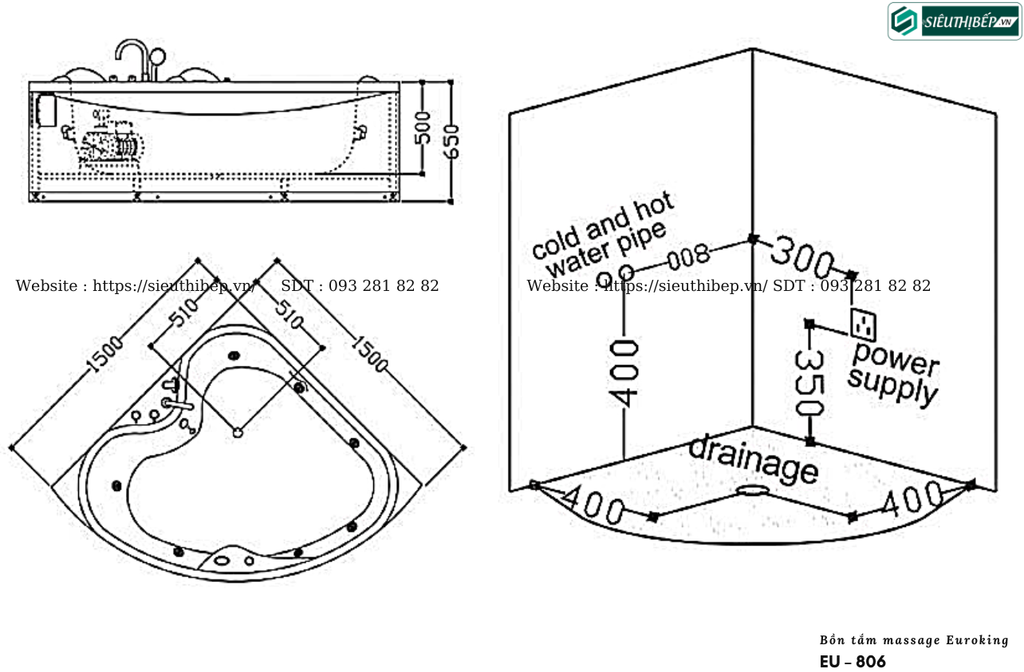 Bồn tắm massage Euroking EU – 806 (Hệ thống massage sủi bọt bong bóng)