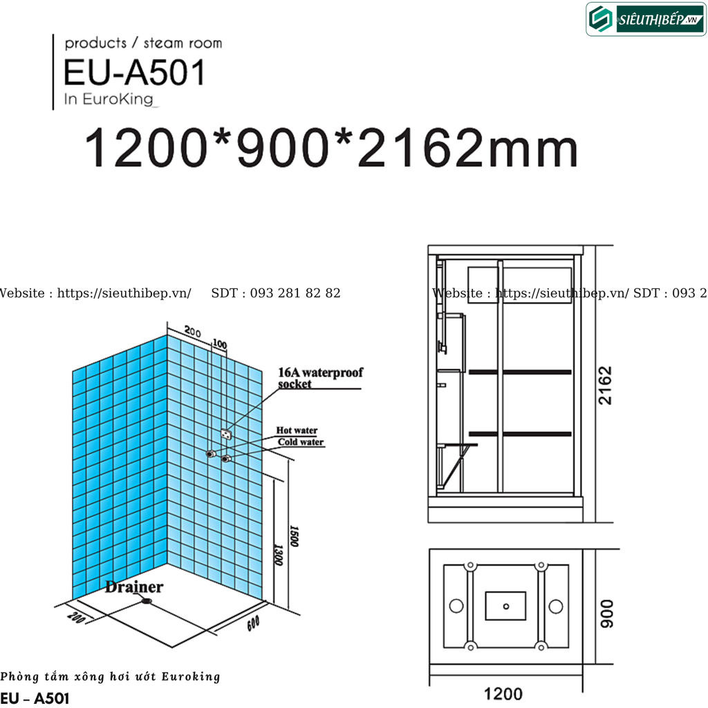 Phòng tắm xông hơi ướt Euroking EU – A501 (Công nghệ Châu Âu)