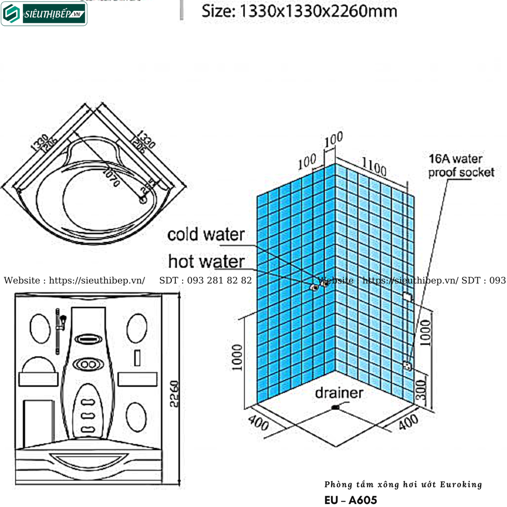 Phòng tắm xông hơi ướt Euroking EU – A605 (Công nghệ Châu Âu)