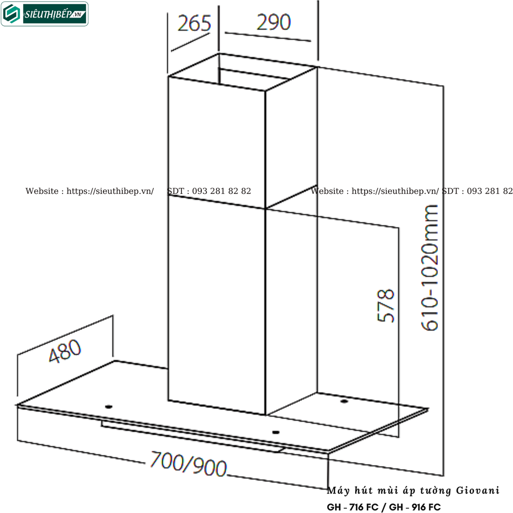 Máy hút mùi Giovani GH - 716 FC / GH - 916 FC (Áp tường, kính chữ T - Made in Italy)