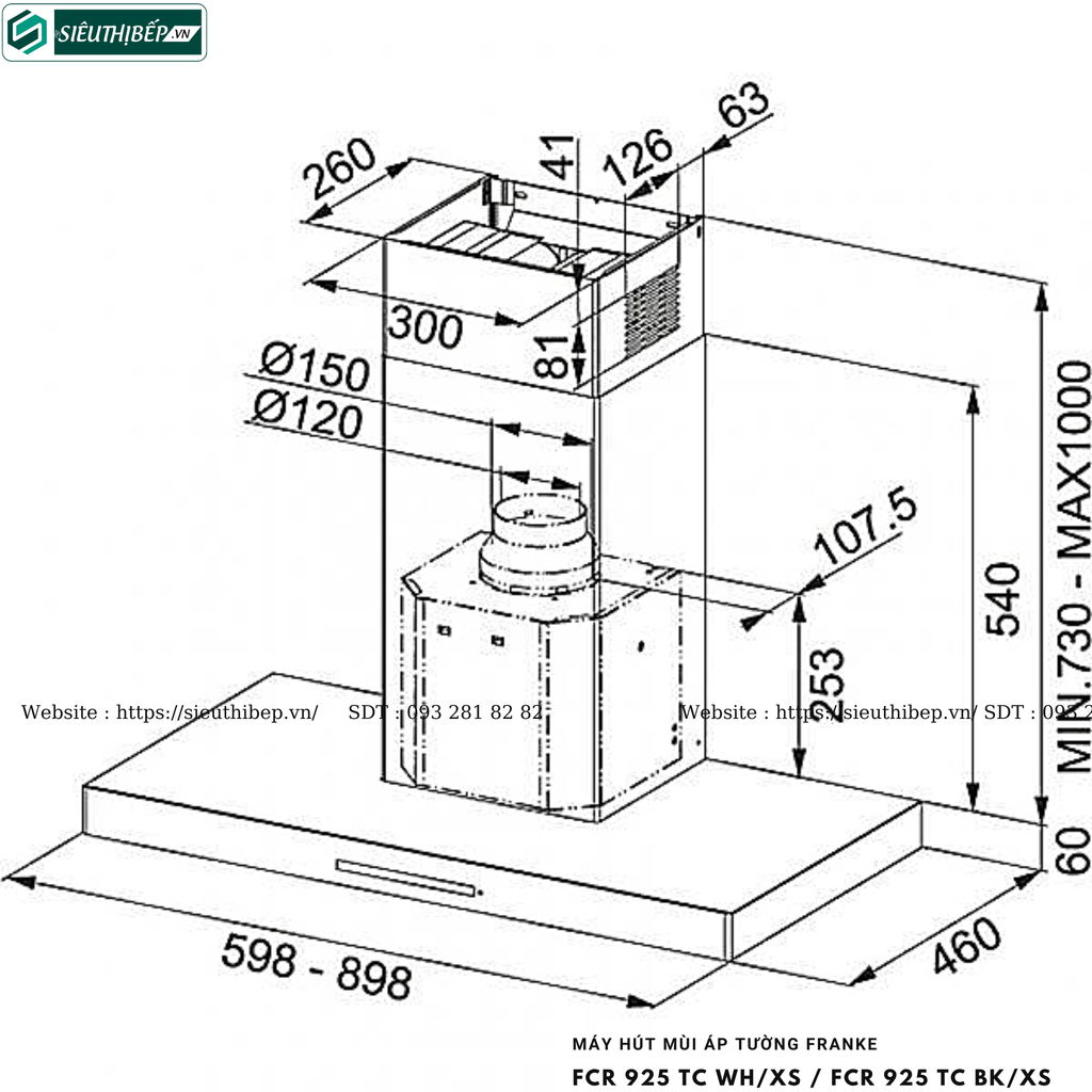 Máy hút mùi Franke FCR 925 TC WH/XS / FCR 925 TC BK/XS (Áp tường, chữ T - Made in Italy)