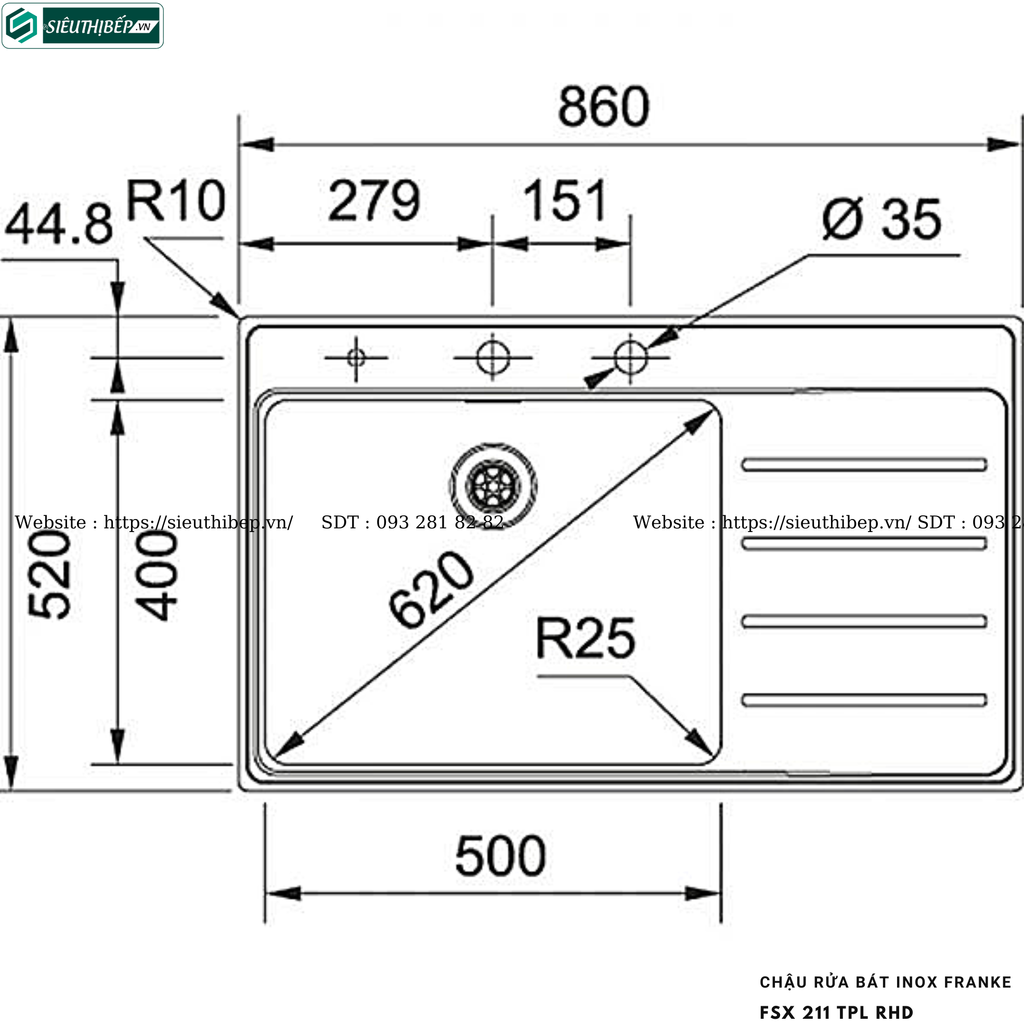 Chậu rửa bát Franke FSX 211 TPL RHD (Inox, 1 hộc 1 bàn chờ - Made in Switzerland)