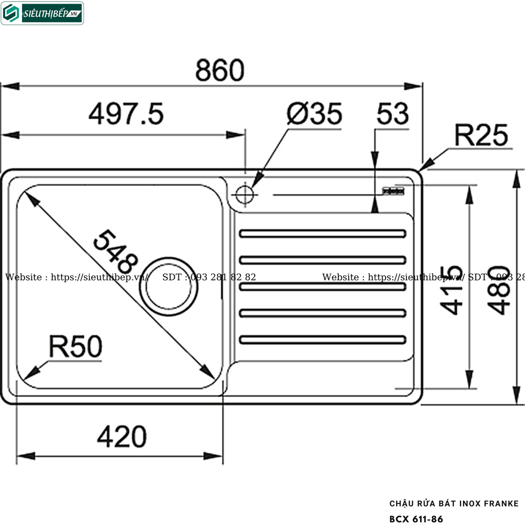 Chậu rửa bát Franke BCX 611-86 (Inox, 1 hộc 1 bàn chờ)