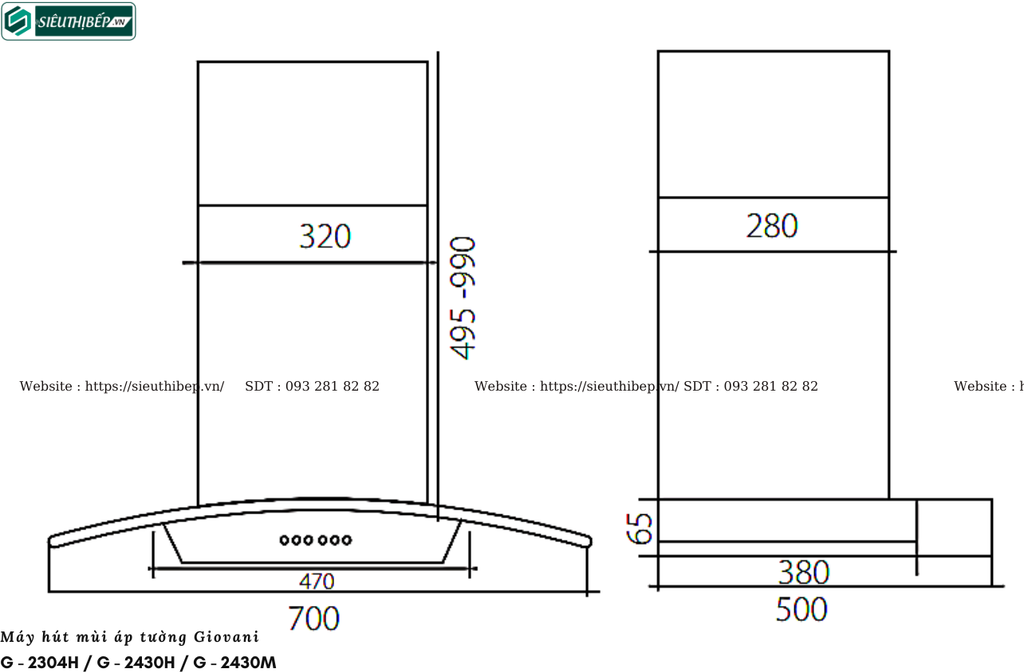 Máy hút mùi Giovani G - 2304H / G - 2430H /  G - 2430M (Áp tường, kính cong)
