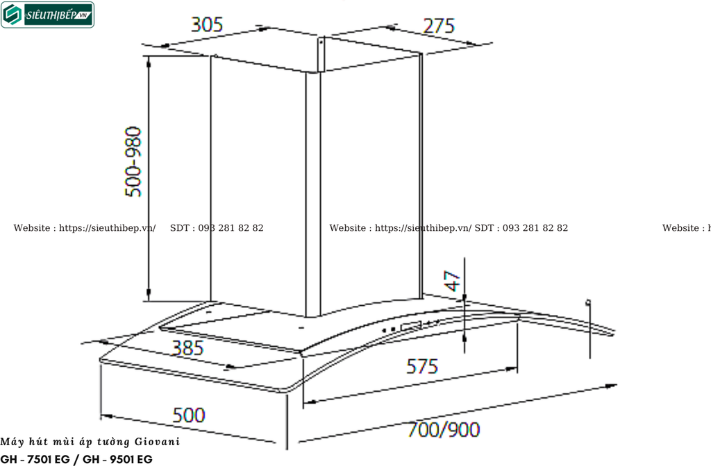 Máy hút mùi Giovani GH - 7501 EG / GH - 9501 EG (Áp tường, kính cong)
