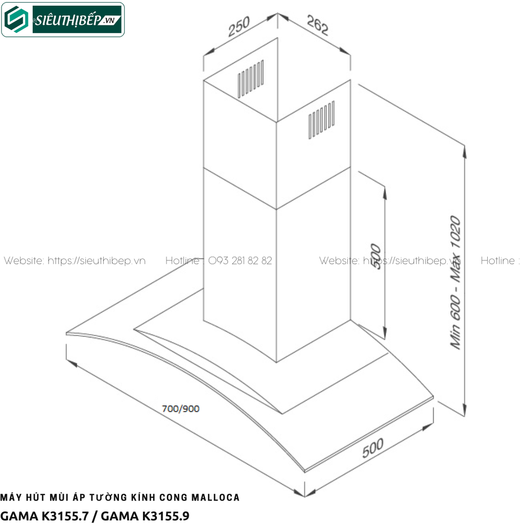 Máy hút mùi Malloca GAMA K3155.7 / GAMA K3155.9 (Áp tường - Kính cong)