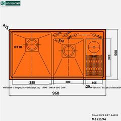 Chậu rửa bát Garis MS22.96 (Có máy rửa cốc chén,2 hộc lệch,Inox 304, xước mờ)