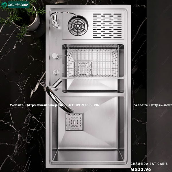 Chậu rửa bát Garis MS22.96 (Có máy rửa cốc chén,2 hộc lệch,Inox 304, xước mờ)