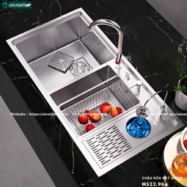 Chậu rửa bát Garis MS22.96 (Có máy rửa cốc chén,2 hộc lệch,Inox 304, xước mờ)