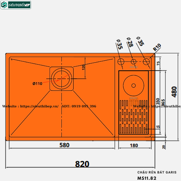 Chậu rửa bát Garis MS11.82 (Có máy rửa cốc chén, 1 hộc,Inox 304, xước mờ)