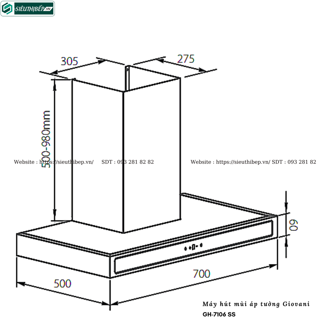 Máy hút mùi Giovani GH - 7106 SS / GH - 9106 SS (Áp tường, chữ T)