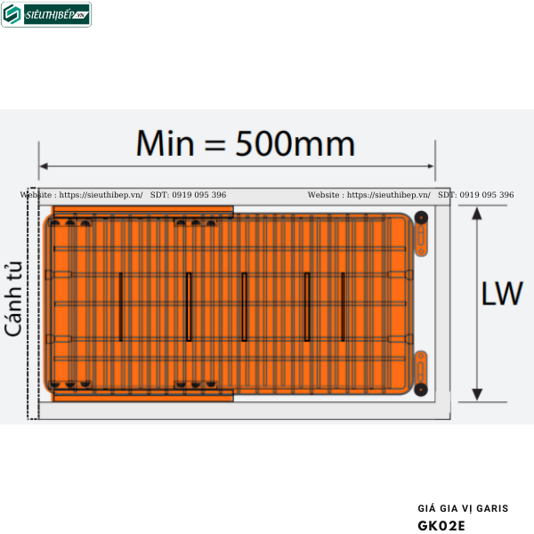 Giá gia vị Garis GK02E (Nan vuông, inox 304, bề mặt điện hóa xước mờ, dùng cho cánh kéo)