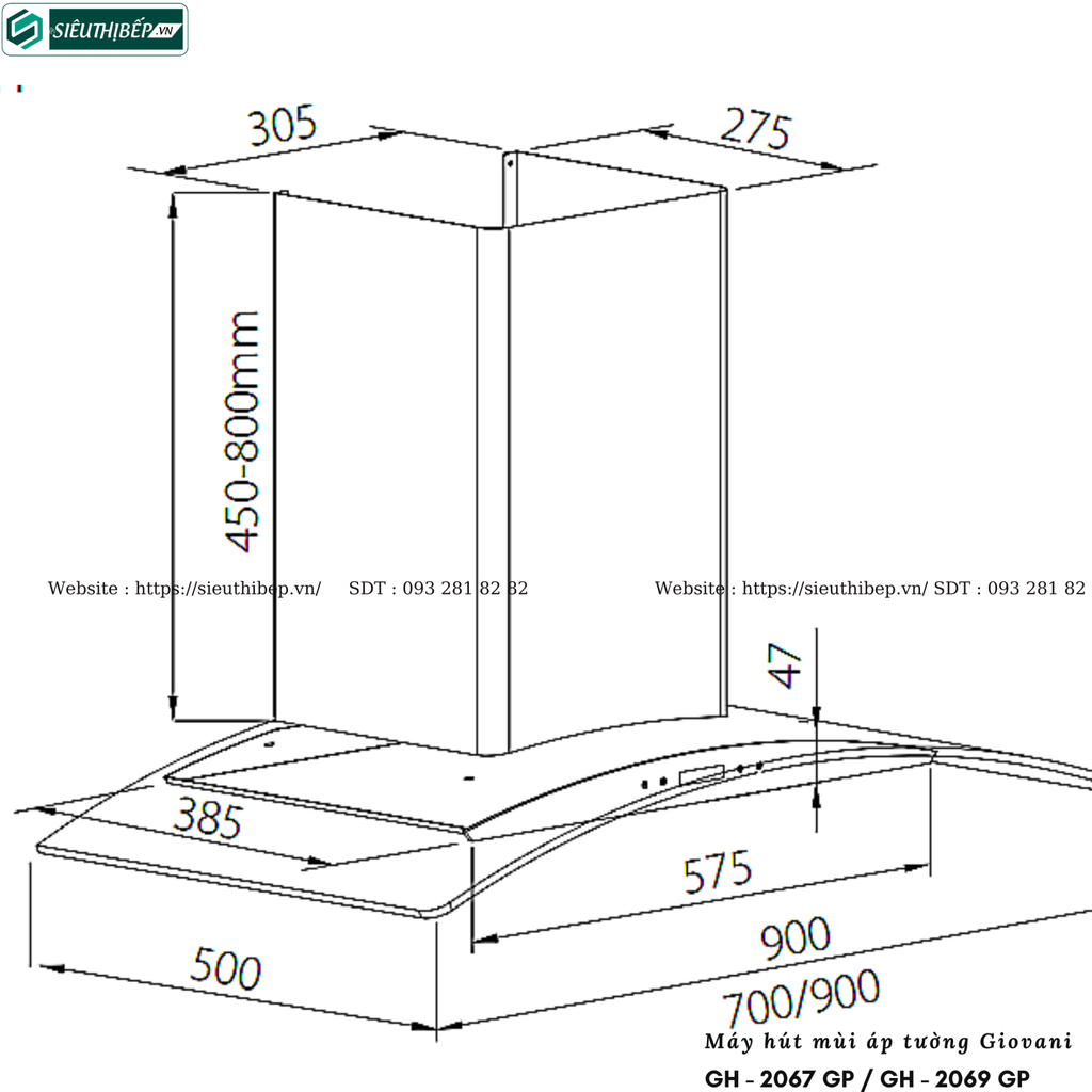 Máy hút mùi Giovani GH - 2067 GP / GH - 2069 GP (Áp tường, kính cong)