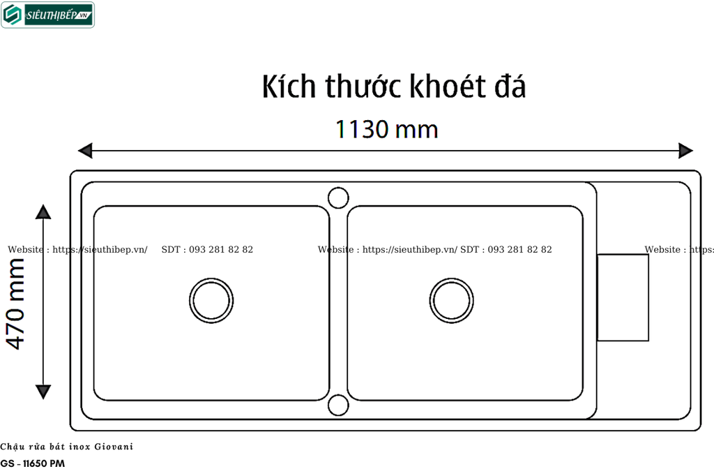 Chậu rửa bát Giovani GS - 11650 PM (Inox - 2 hộc, 1 bàn chờ)