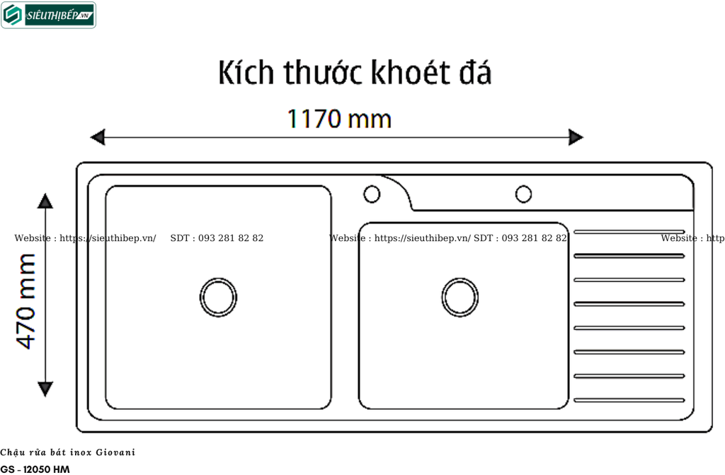 Chậu rửa bát Giovani GS - 12050 HM (Inox - 2 hộc, 1 bàn chờ)
