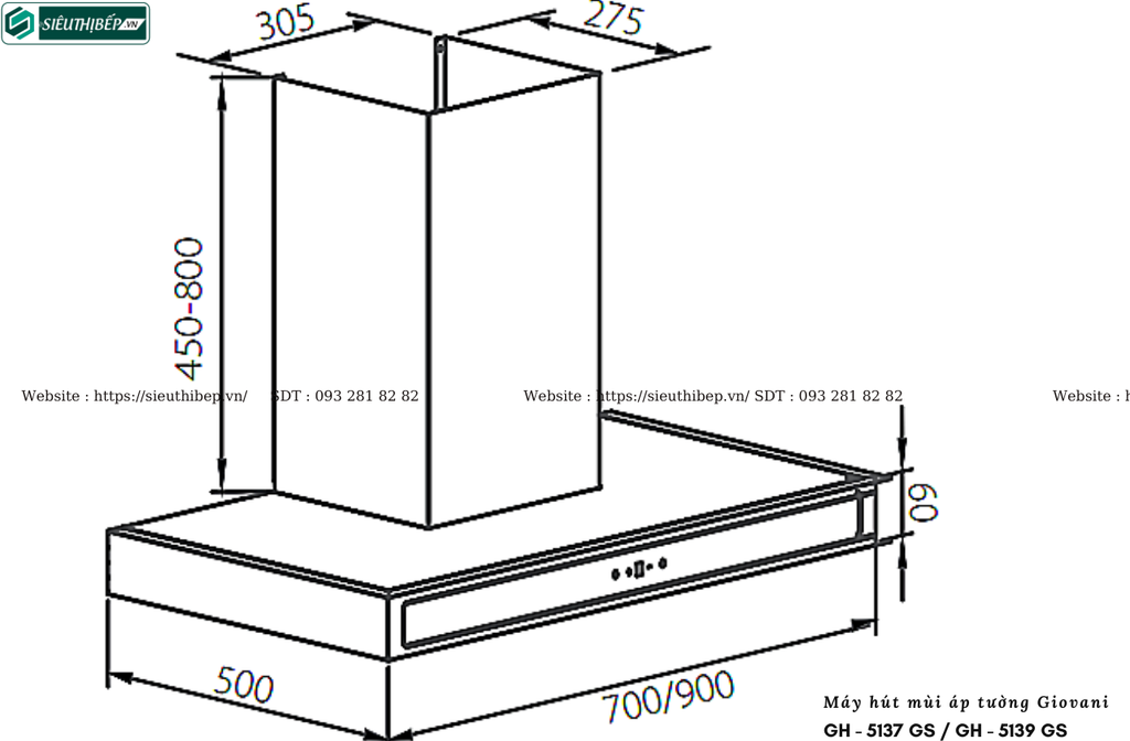 Máy hút mùi Giovani GH - 5137 GS / GH - 5139 GS (Áp tường, kính chữ T)