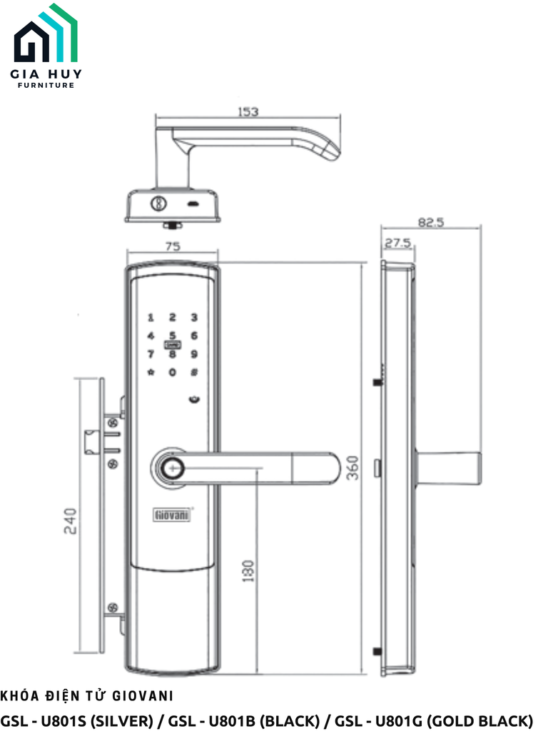 Khóa điện tử Giovani GSL - U801S (Silver) / GSL - U801B (Black) / GSL - U801G (Gold black)