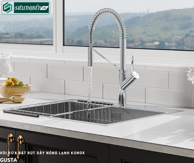 Vòi rửa bát Konox GUSTA (Mạ chrome rút dây nóng lạnh)