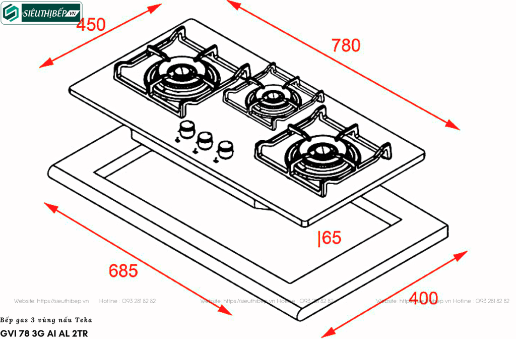 Bếp gas Teka GVI 78 3G AI AL 2TR (3 vùng nấu - Lắp âm)