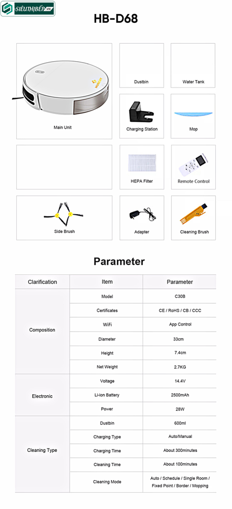 Robot hút bụi lau nhà Hubert HB - D68 - W / HB - D68 - B (Điều khiển bằng APP, giọng nói)