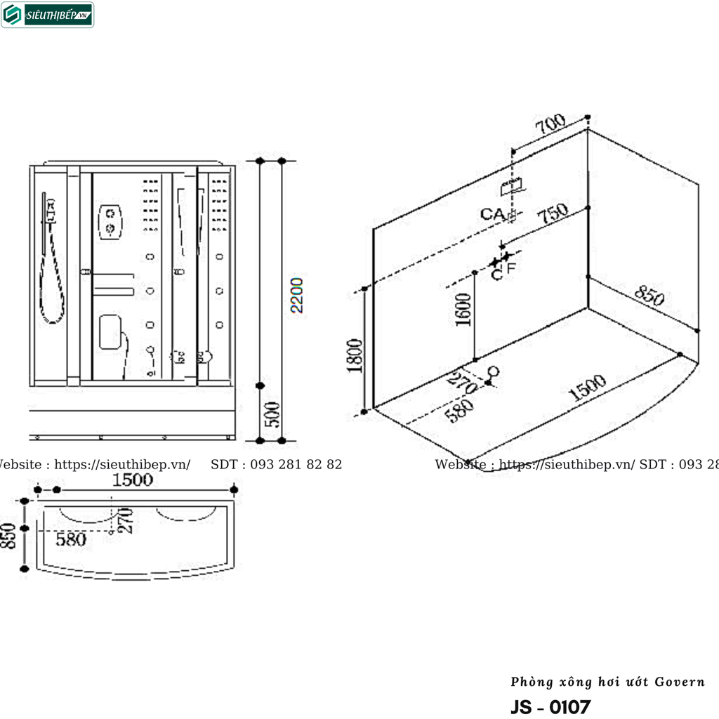 Phòng tắm xông hơi ướt Govern JS - 0107 (Bồn massage, sục khí)