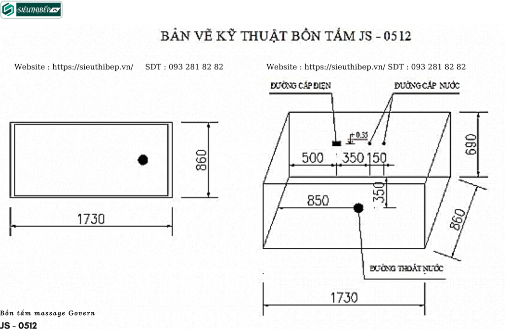 Bồn tắm massage Govern JS - 0512 (Bồn tắm massage, sục khí, đèn đổi màu)