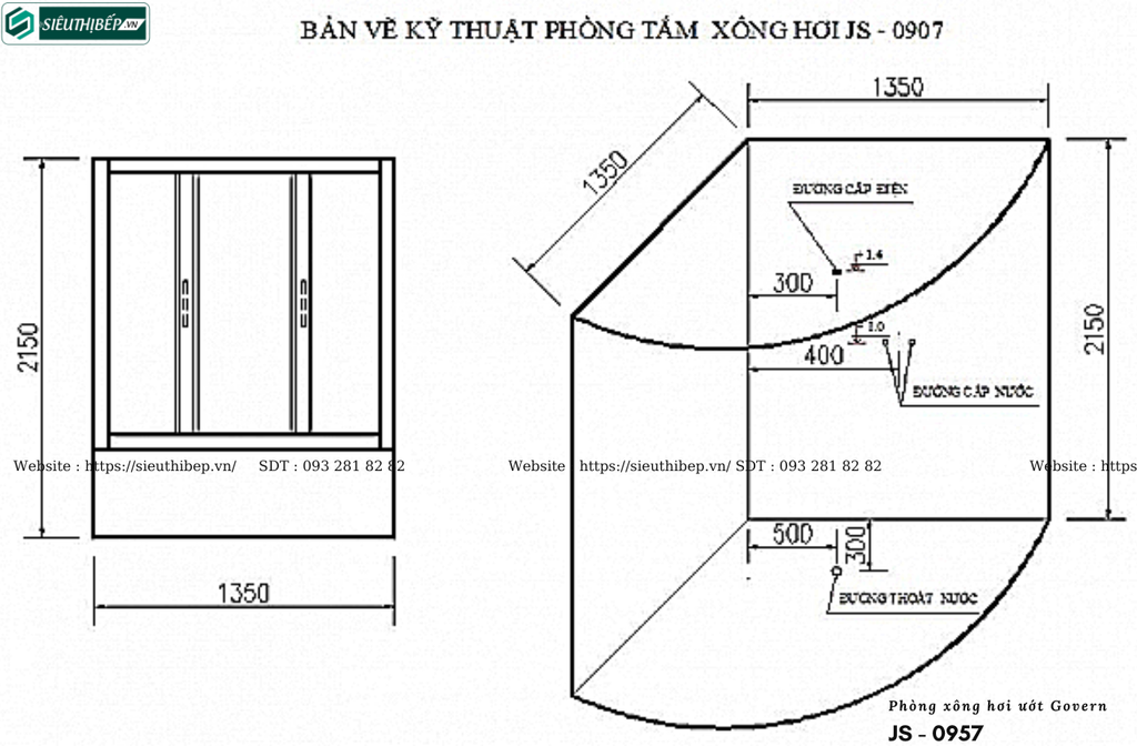 Phòng tắm xông hơi ướt Govern JS - 0957 (Bồn massage, sục khí ,đèn led)