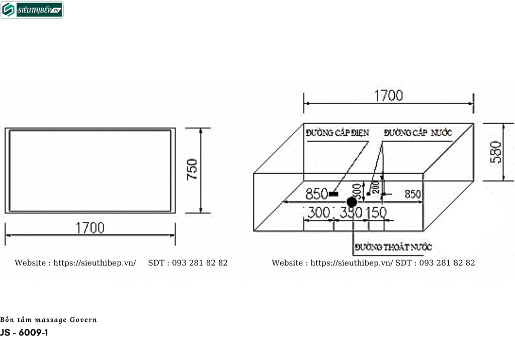 Bồn tắm massage Govern JS - 6009-1 (Bồn tắm massage, sục khí, đèn led, thác tràn)