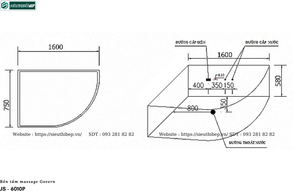 Bồn tắm massage Govern JS - 6010P (Bồn tắm massage, sục khí, đèn đổi màu(Ngọc trai))