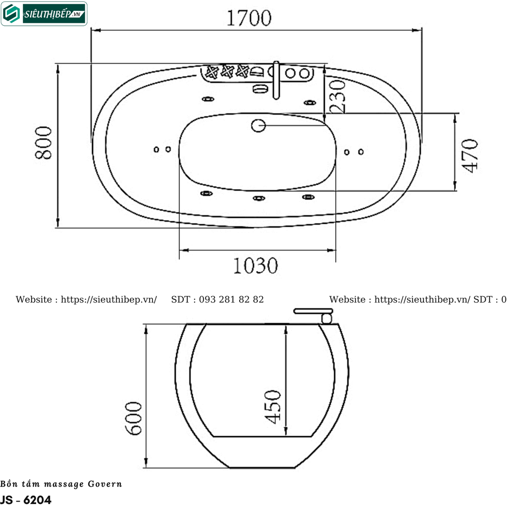 Bồn tắm massage Govern JS - 6204 (Bồn tắm massage, sục khí, đèn đổi màu)
