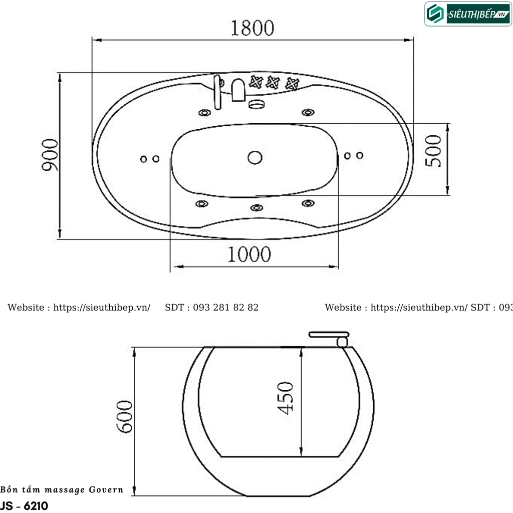 Bồn tắm massage Govern JS - 6210 (Bồn tắm massage, sục khí, đèn đổi màu)