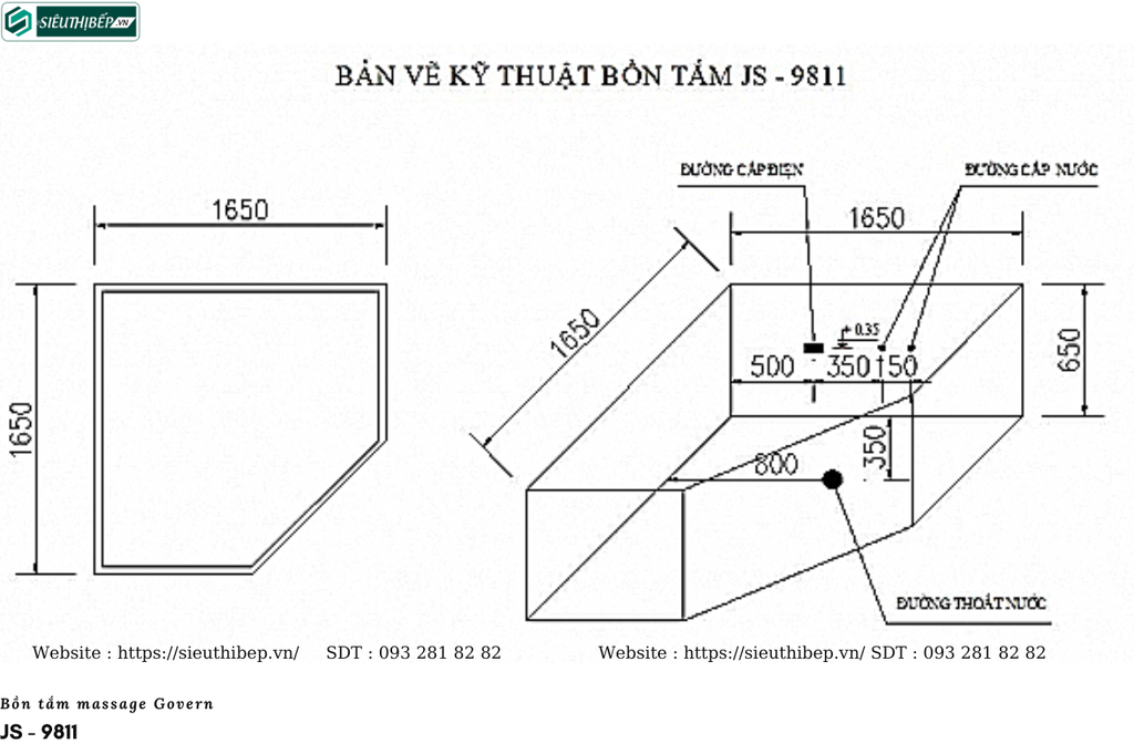 Bồn tắm massage Govern JS - 9811 (Bồn tắm massage, sục khí, đèn led)