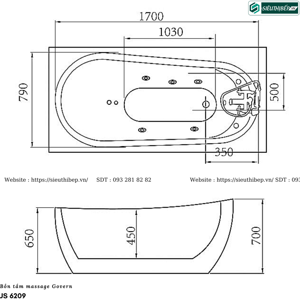 Bồn tắm massage Govern JS - 6209 (Bồn tắm massage, sục khí, đèn đổi màu)