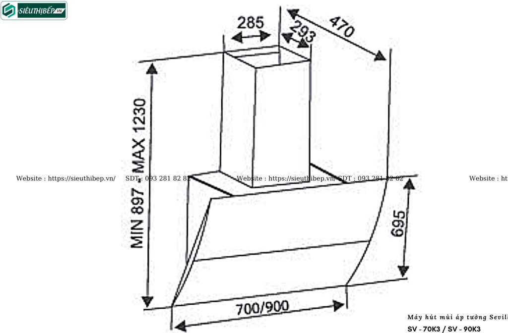 Máy hút mùi Sevilla SV - 70K3 / SV - 90K3 (Áp tường - Kính vát)