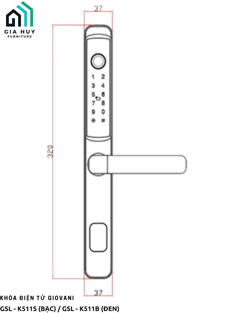 Khóa điện tử Giovani GSL - K511S (Bạc) / GSL - K511B (Đen) - Dành cho cửa nhôm