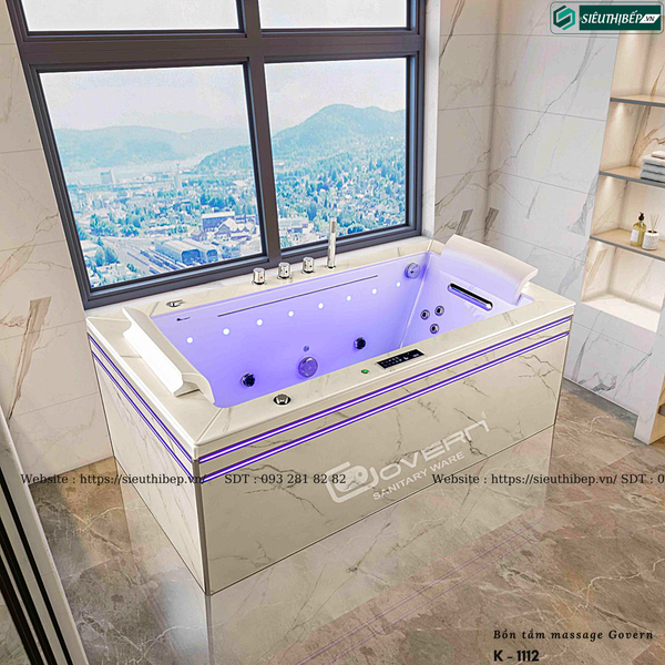 Bồn tắm massage Govern K - 1112 (Bồn vân đá Massage, sục khí, đèn đa sắc)