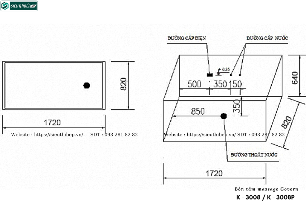 Bồn tắm massage Govern K - 3008 / K - 3008P (Bồn tắm Massage, sục khí, đèn đa sắc / ngọc trai)